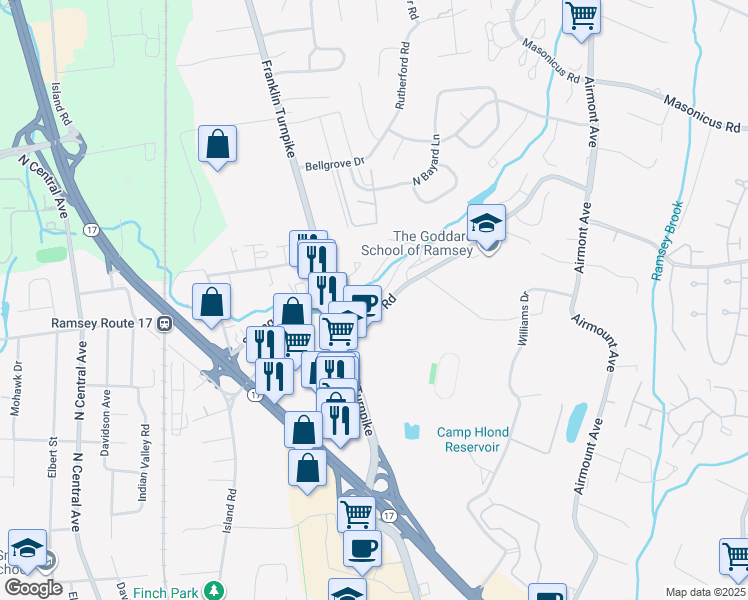 map of restaurants, bars, coffee shops, grocery stores, and more near 208 Magnolia Road in Ramsey