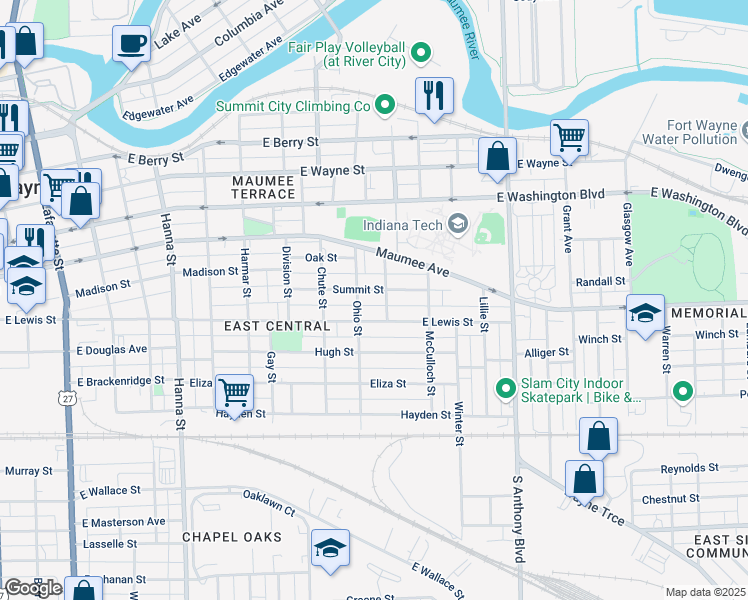 map of restaurants, bars, coffee shops, grocery stores, and more near 1320 Summit Street in Fort Wayne