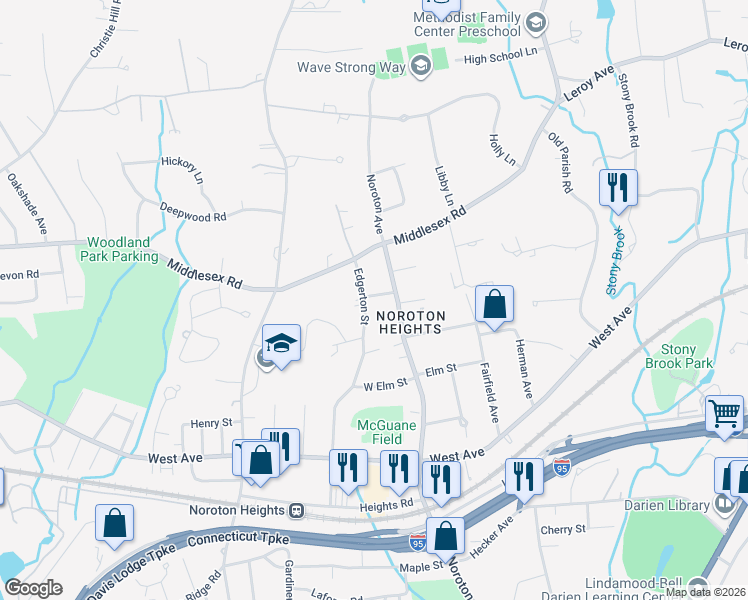 map of restaurants, bars, coffee shops, grocery stores, and more near 12 Edgerton Street in Darien