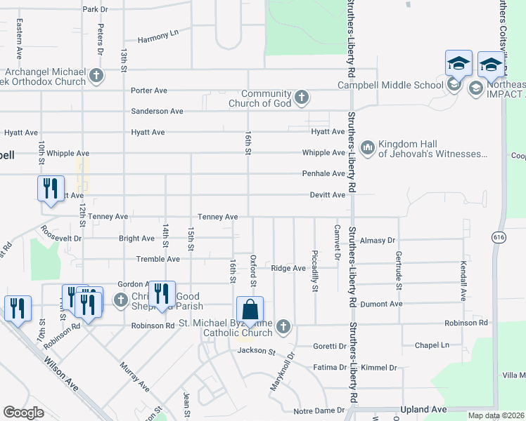 map of restaurants, bars, coffee shops, grocery stores, and more near 667 Devitt Avenue in Campbell