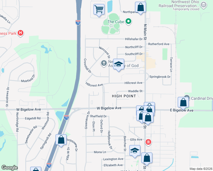 map of restaurants, bars, coffee shops, grocery stores, and more near 301 Hillcrest Avenue in Findlay