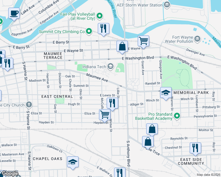 map of restaurants, bars, coffee shops, grocery stores, and more near 1516 Summit Street in Fort Wayne
