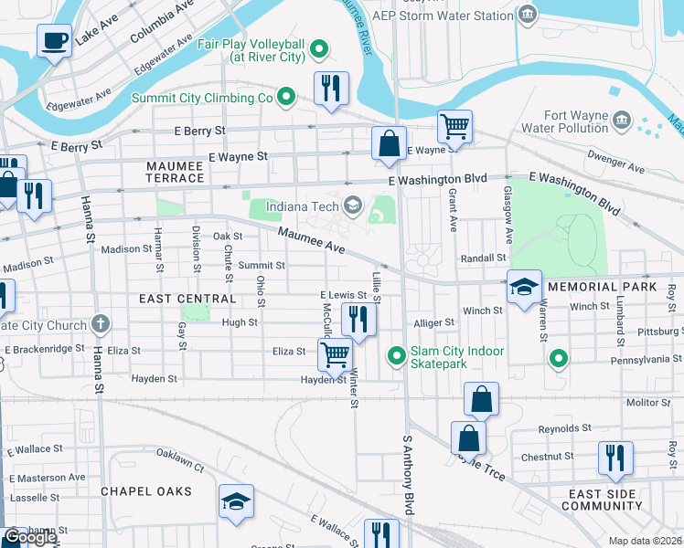map of restaurants, bars, coffee shops, grocery stores, and more near 1516 Summit Street in Fort Wayne