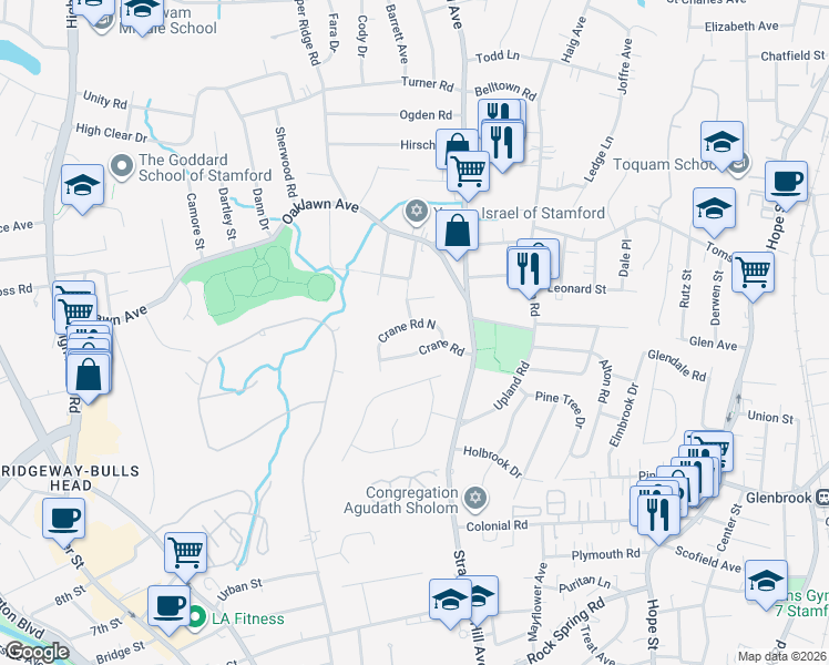map of restaurants, bars, coffee shops, grocery stores, and more near 34 Crane Road North in Stamford