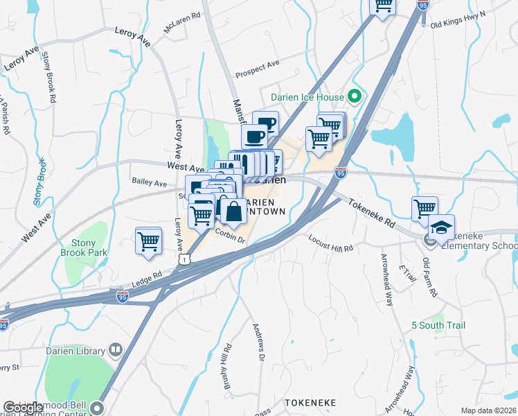 map of restaurants, bars, coffee shops, grocery stores, and more near in Darien