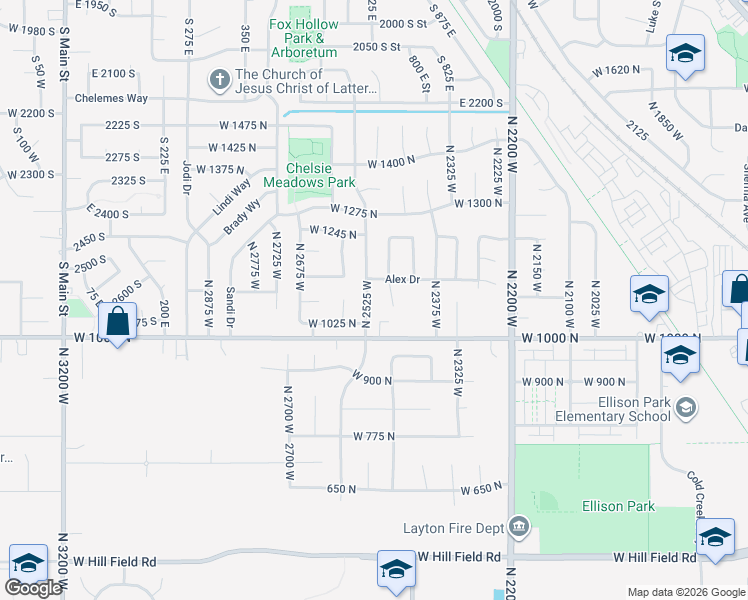 map of restaurants, bars, coffee shops, grocery stores, and more near 1082 North 2525 West in Layton