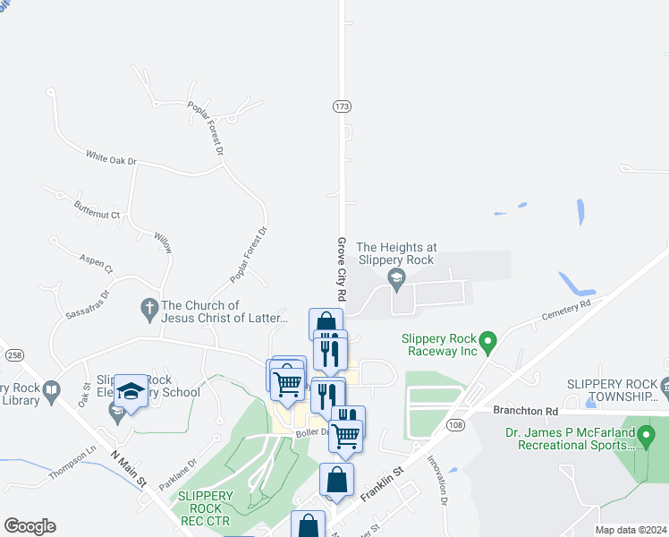 map of restaurants, bars, coffee shops, grocery stores, and more near 321 Grove City Road in Slippery Rock