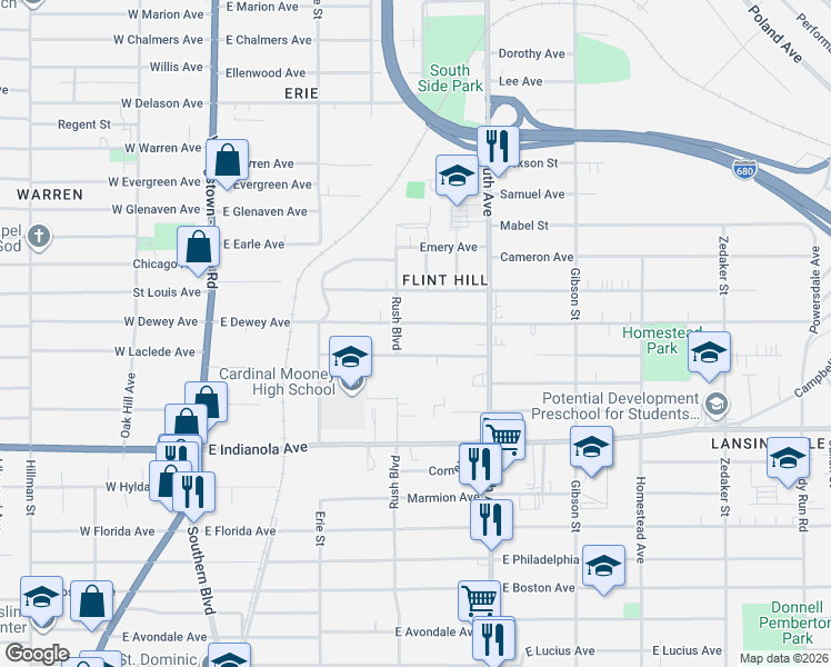 map of restaurants, bars, coffee shops, grocery stores, and more near 319 E Dewey Ave in Youngstown