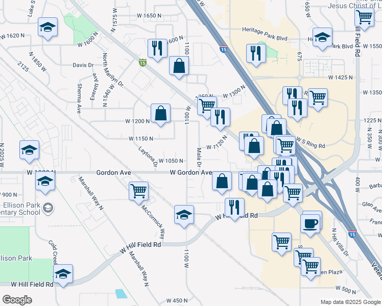 map of restaurants, bars, coffee shops, grocery stores, and more near 1094 North Angel Street in Layton