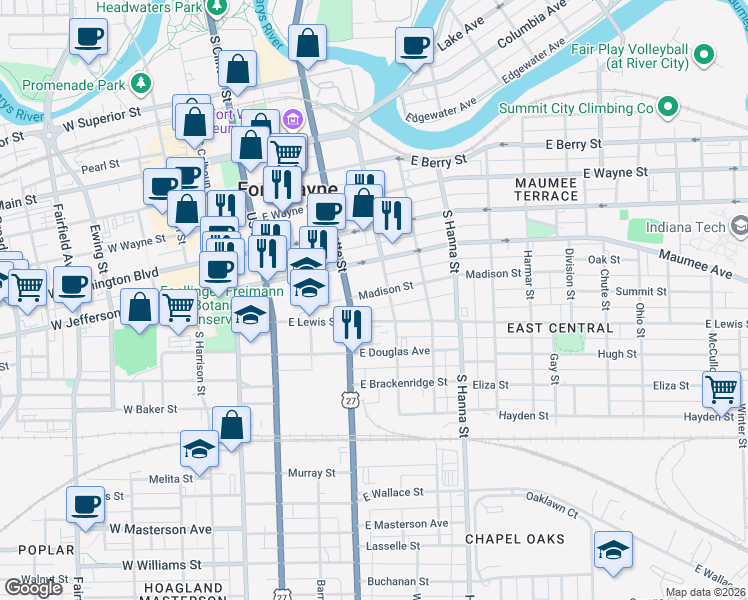 map of restaurants, bars, coffee shops, grocery stores, and more near 430 Madison Street in Fort Wayne