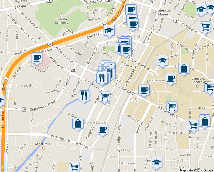 map of restaurants, bars, coffee shops, grocery stores, and more near 357 South Main Street in Akron
