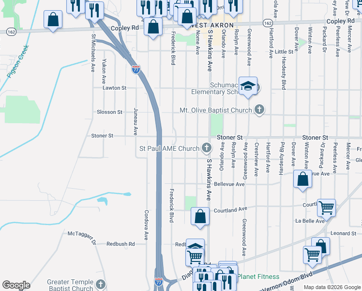 map of restaurants, bars, coffee shops, grocery stores, and more near 1223 Seward Avenue in Akron