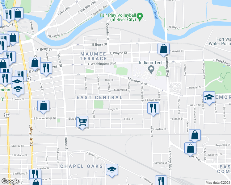 map of restaurants, bars, coffee shops, grocery stores, and more near 1218 Summit Street in Fort Wayne