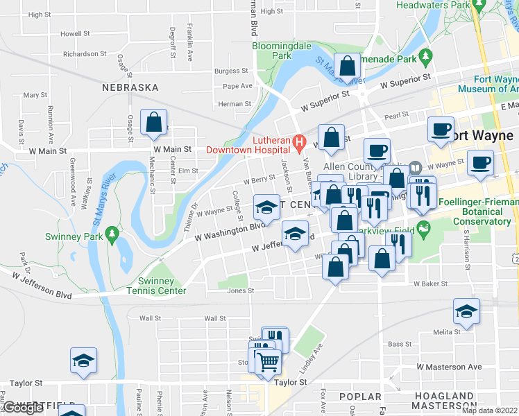 map of restaurants, bars, coffee shops, grocery stores, and more near 1109 West Wayne Street in Fort Wayne