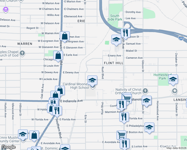 map of restaurants, bars, coffee shops, grocery stores, and more near 221 East Dewey Avenue in Youngstown