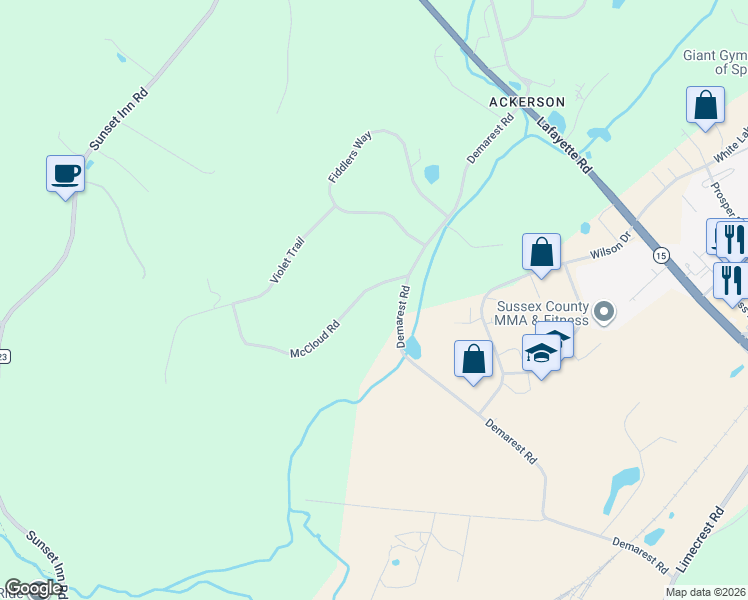 map of restaurants, bars, coffee shops, grocery stores, and more near 18 McCloud Road in Sparta