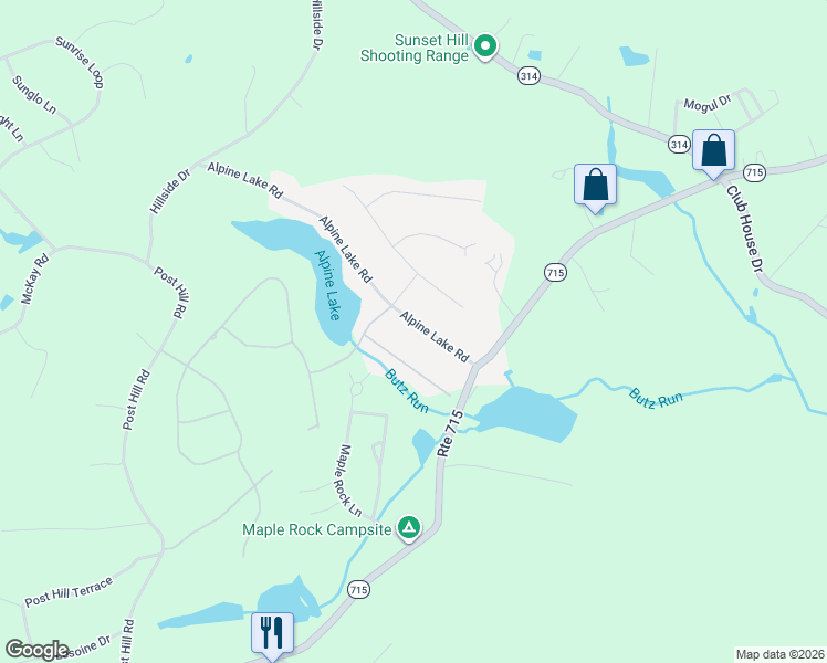 map of restaurants, bars, coffee shops, grocery stores, and more near 129 Alpine Lake Road in Henryville