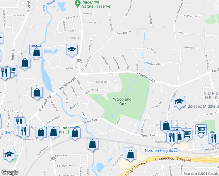 map of restaurants, bars, coffee shops, grocery stores, and more near 6 Forest Road in Darien