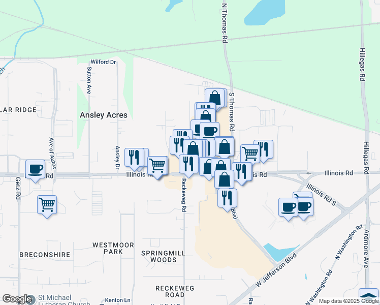 map of restaurants, bars, coffee shops, grocery stores, and more near 701 Lagro Drive in Fort Wayne