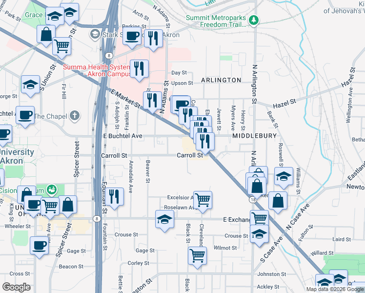 map of restaurants, bars, coffee shops, grocery stores, and more near 707 Carroll Street in Akron