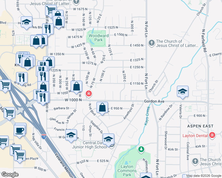 map of restaurants, bars, coffee shops, grocery stores, and more near 1085 North 125 East in Layton