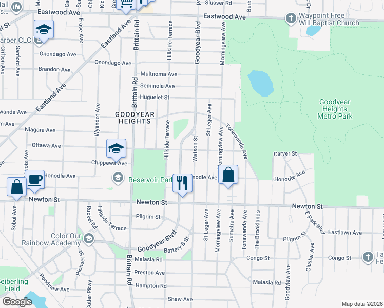 map of restaurants, bars, coffee shops, grocery stores, and more near 498 Watson Street in Akron