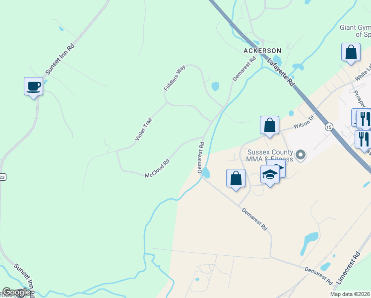 map of restaurants, bars, coffee shops, grocery stores, and more near 18 McCloud Road in Sparta