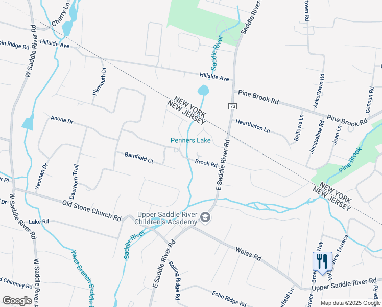 map of restaurants, bars, coffee shops, grocery stores, and more near 25 Brook Rd in Upper Saddle River