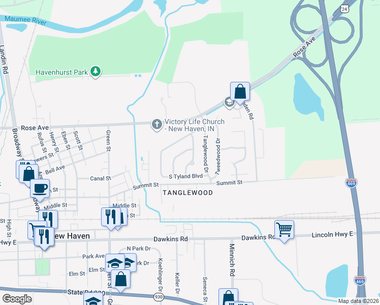 map of restaurants, bars, coffee shops, grocery stores, and more near 309 Twillo Run Drive in New Haven