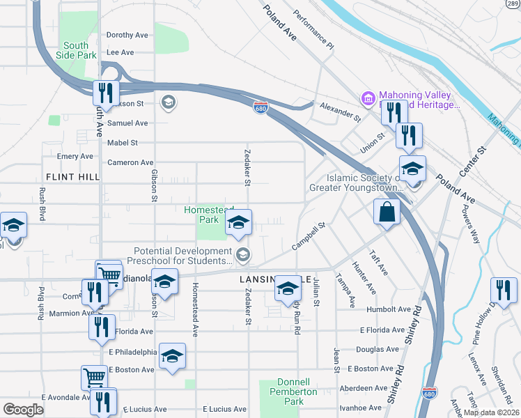 map of restaurants, bars, coffee shops, grocery stores, and more near 903 East Dewey Avenue in Youngstown