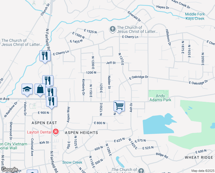 map of restaurants, bars, coffee shops, grocery stores, and more near 1095 Nalder St in Layton