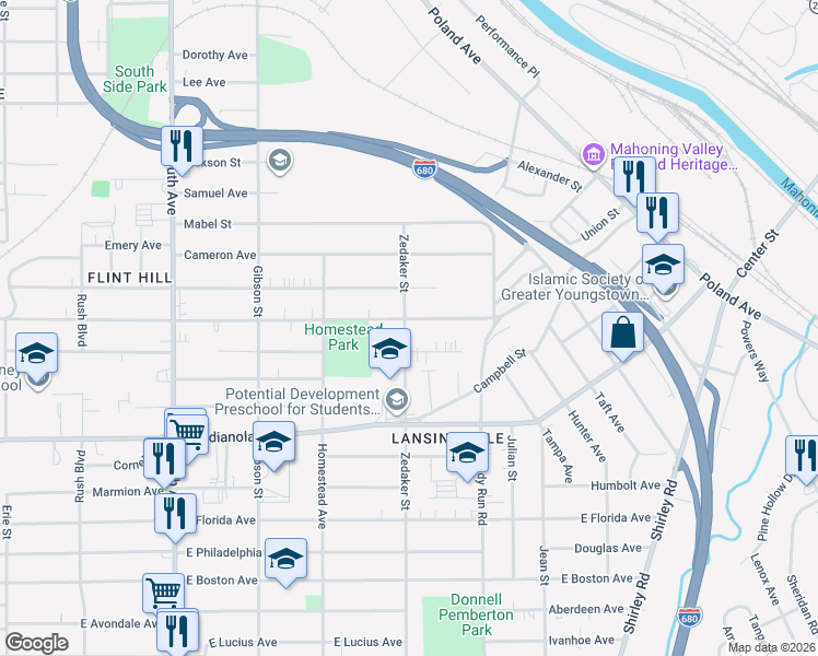 map of restaurants, bars, coffee shops, grocery stores, and more near 903 East Dewey Avenue in Youngstown
