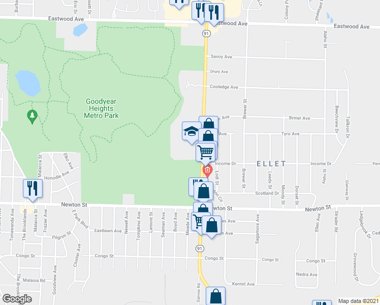 map of restaurants, bars, coffee shops, grocery stores, and more near 444 Darrow Road in Akron