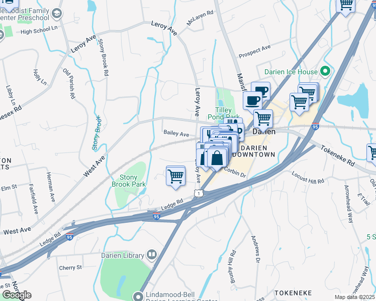 map of restaurants, bars, coffee shops, grocery stores, and more near 55 Leroy Avenue in Darien