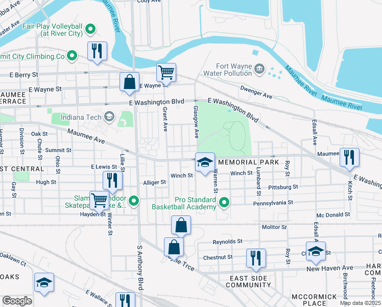 map of restaurants, bars, coffee shops, grocery stores, and more near 2119 Maumee Avenue in Fort Wayne