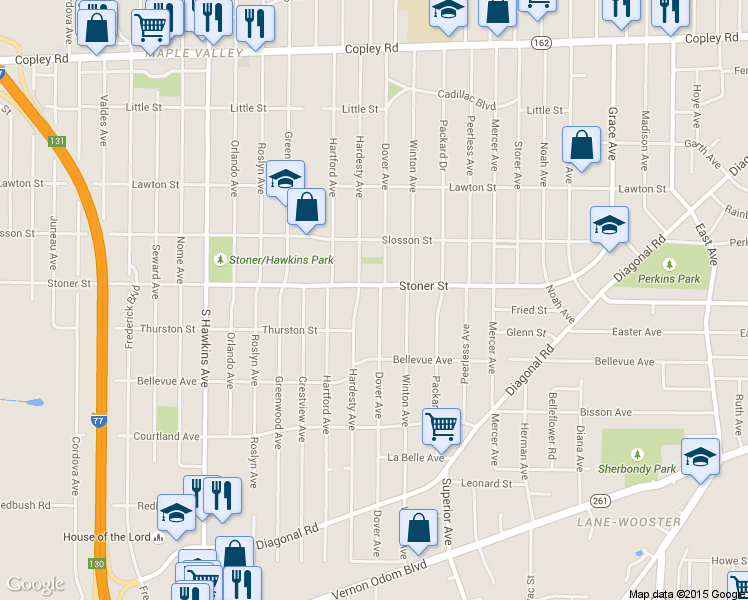 map of restaurants, bars, coffee shops, grocery stores, and more near 1090 Dover Ave in Akron