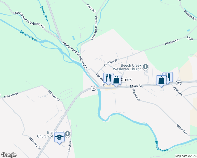 map of restaurants, bars, coffee shops, grocery stores, and more near 36 Monument Orviston Road in Beech Creek