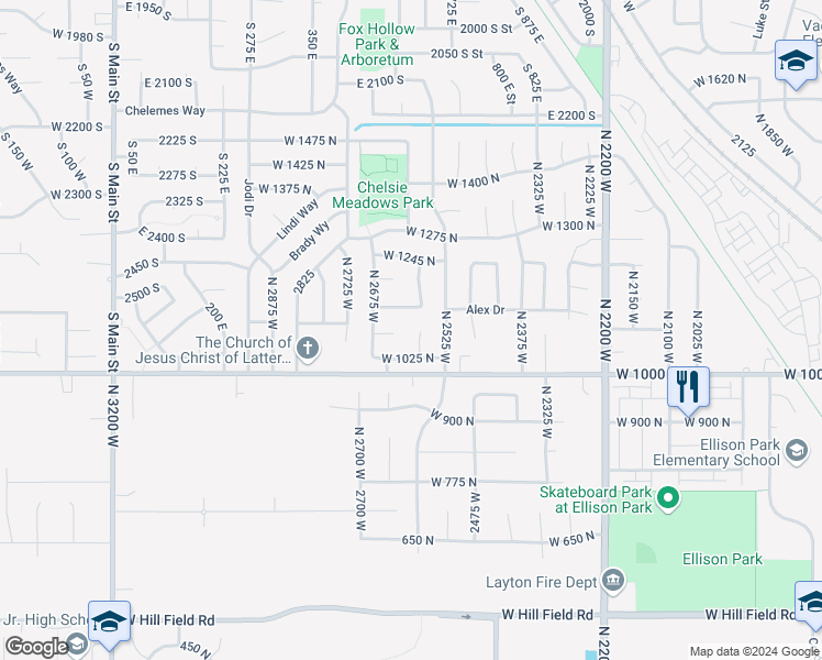 map of restaurants, bars, coffee shops, grocery stores, and more near 1077 North 2575 West in Layton