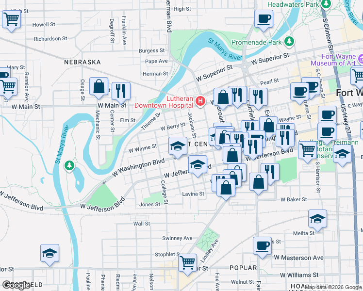 map of restaurants, bars, coffee shops, grocery stores, and more near 1005 West Wayne Street in Fort Wayne