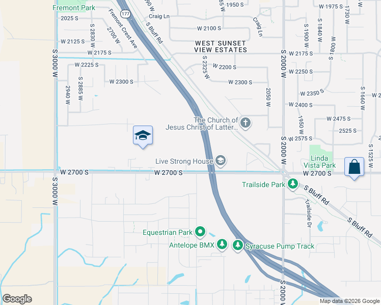 map of restaurants, bars, coffee shops, grocery stores, and more near 2613 South 2430 West in Syracuse