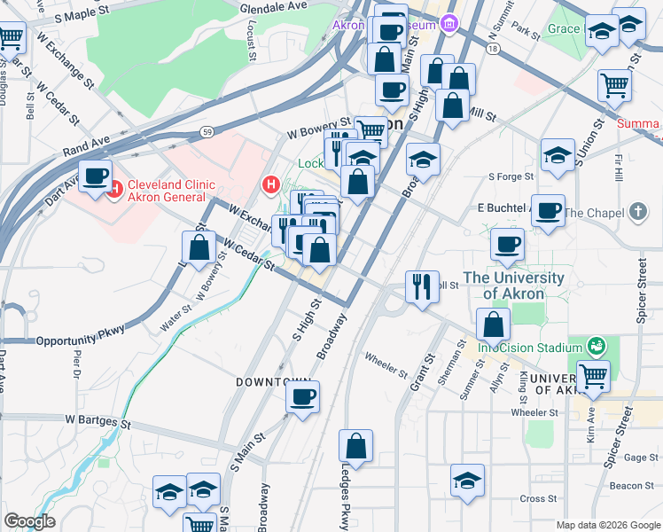 map of restaurants, bars, coffee shops, grocery stores, and more near in Akron