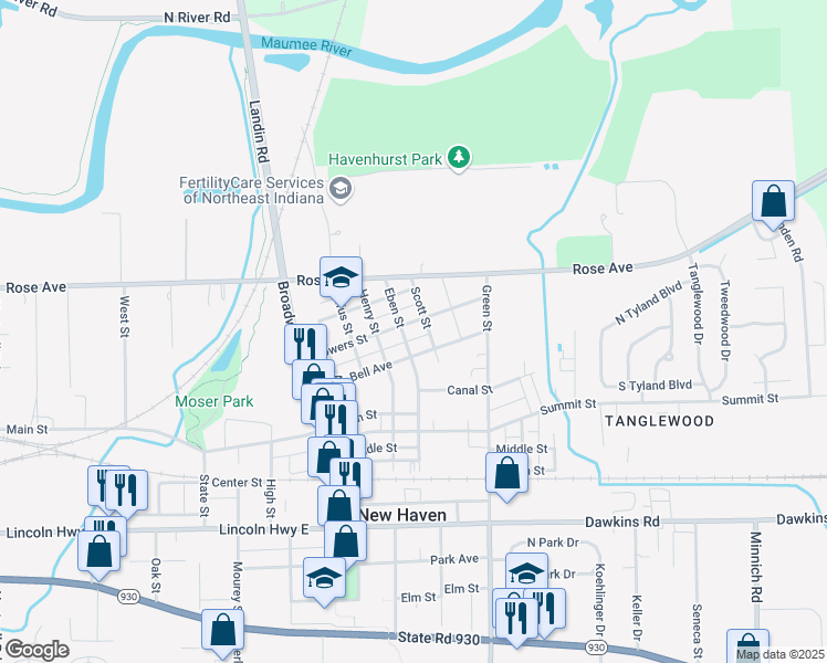 map of restaurants, bars, coffee shops, grocery stores, and more near 1108 Powers St in New Haven