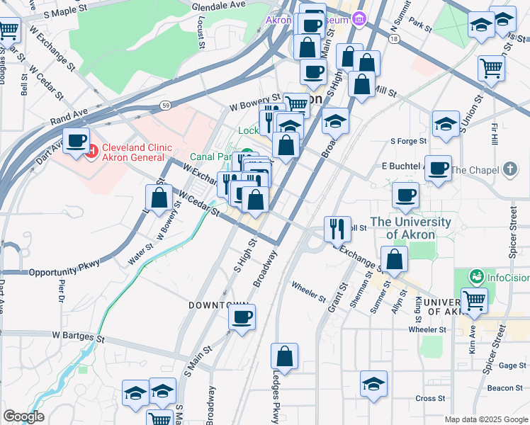 map of restaurants, bars, coffee shops, grocery stores, and more near 22 East Exchange Street in Akron