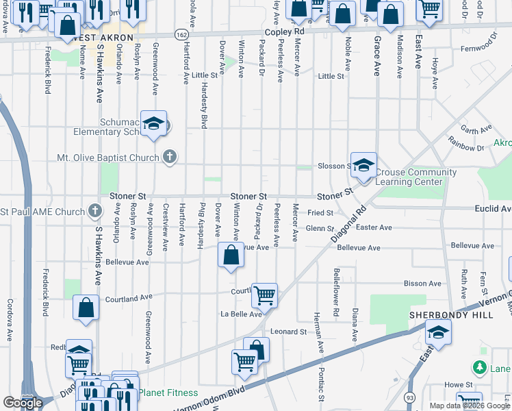 map of restaurants, bars, coffee shops, grocery stores, and more near 1044 Packard Drive in Akron