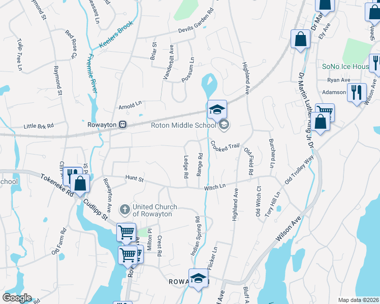 map of restaurants, bars, coffee shops, grocery stores, and more near 22 Ledge Road in Norwalk