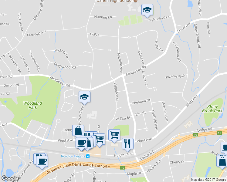 map of restaurants, bars, coffee shops, grocery stores, and more near 12 Edgerton Street in Darien