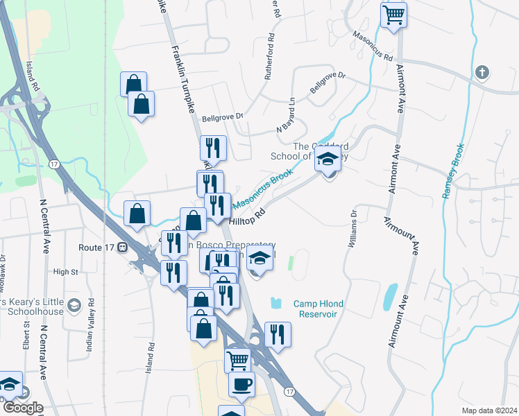 map of restaurants, bars, coffee shops, grocery stores, and more near 208 Magnolia Road in Ramsey