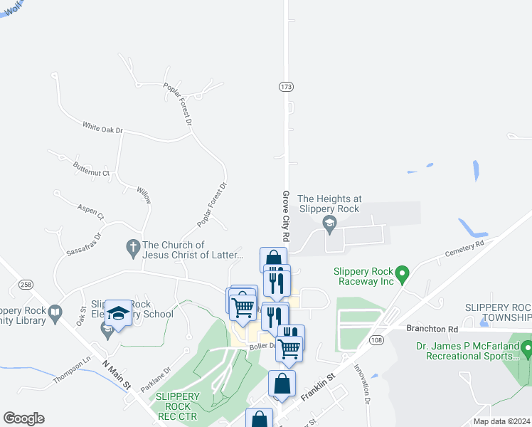 map of restaurants, bars, coffee shops, grocery stores, and more near 321 Grove City Road in Slippery Rock