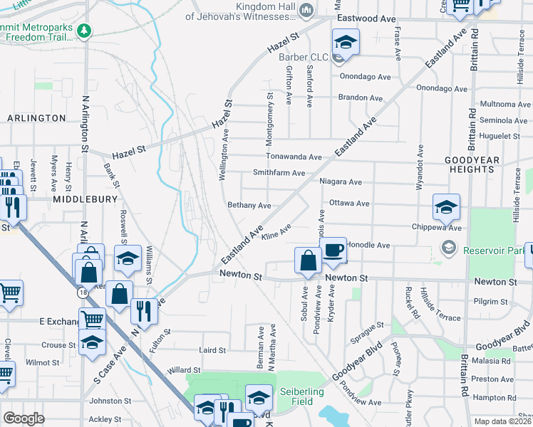 map of restaurants, bars, coffee shops, grocery stores, and more near 320 Eastland Avenue in Akron