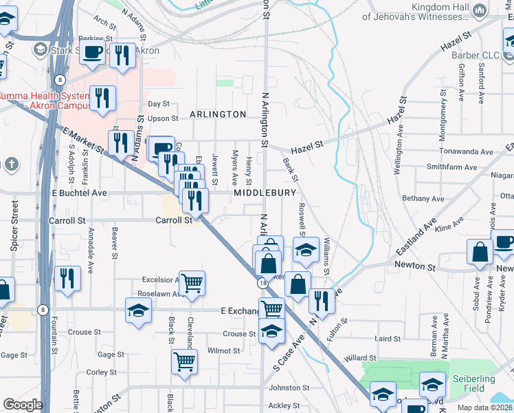 map of restaurants, bars, coffee shops, grocery stores, and more near in Akron